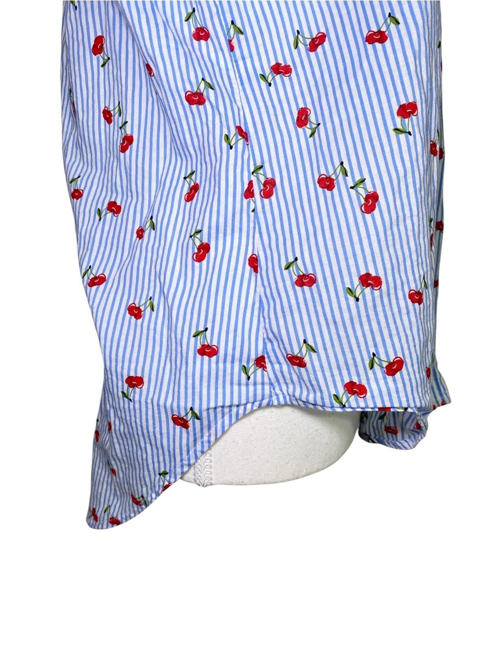 Love Notes Blue White Striped Cherry Print Button-Down Shirt Size M - Picture 8 of 15